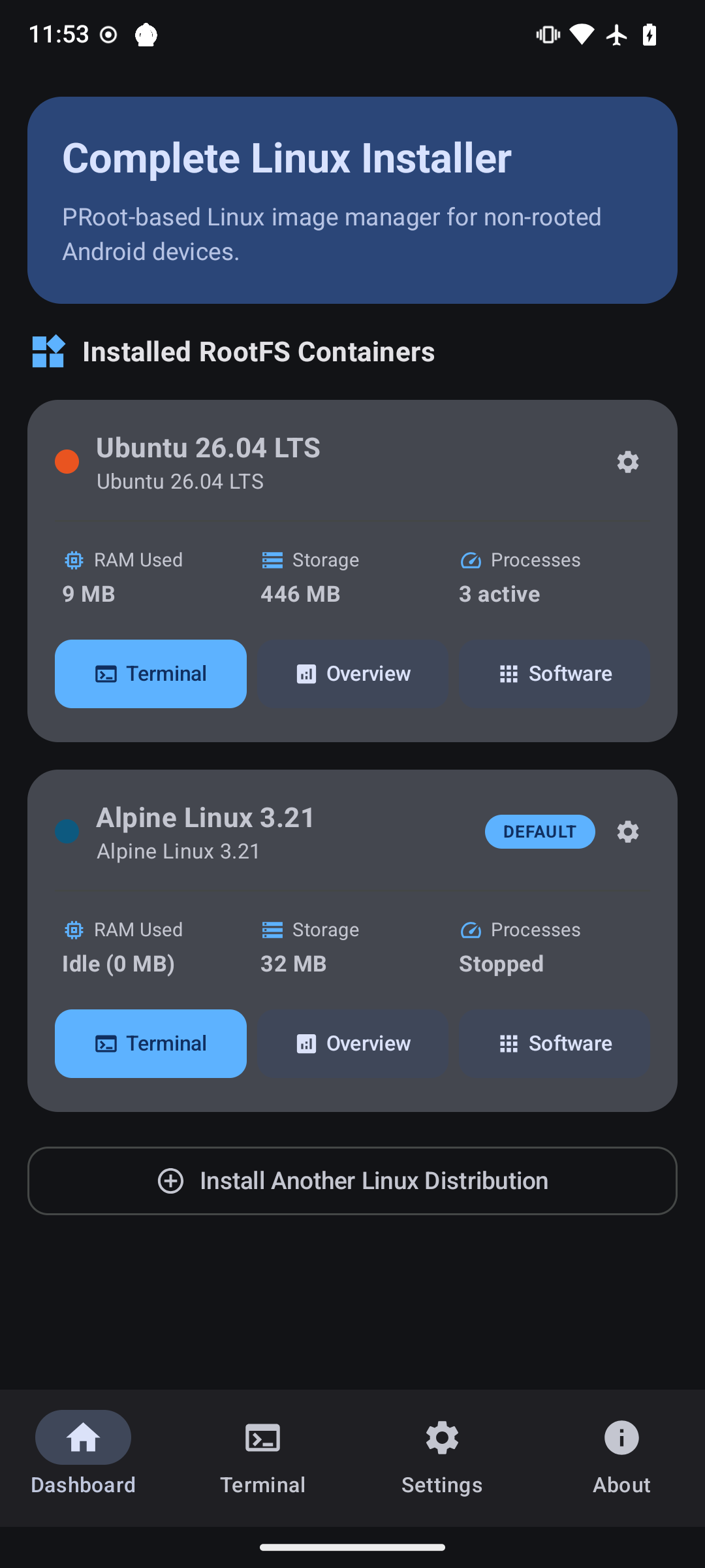 Linux on Android Multi-Container Dashboard